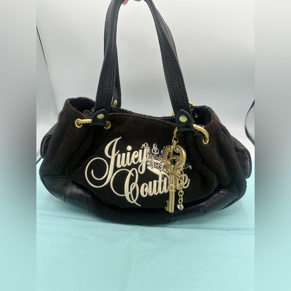 Vtg EUC Juicy Couture Bag purse velour embroidery and charms brown Black Y2K key